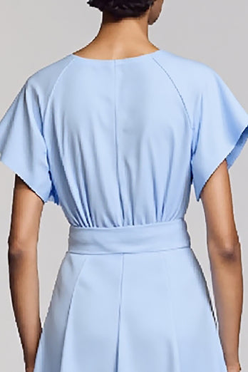Sky Blue Satin A Line Midi Work Dress with Sleeves