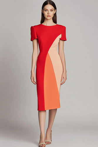Red Bodycon Satin Midi Work Dress with Sleeves