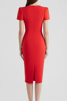Load image into Gallery viewer, Red Bodycon Satin Midi Work Dress with Sleeves
