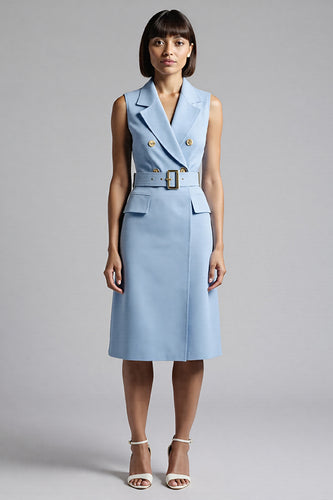 Sky Blue Satin Notched Lapel Bodycon Midi Work Blazer Dress