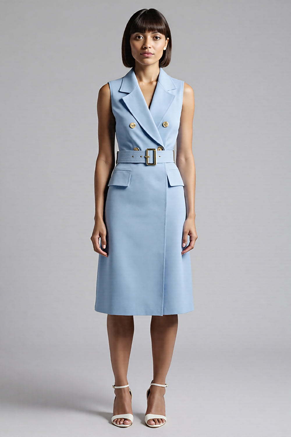 Sky Blue Satin Notched Lapel Bodycon Midi Work Blazer Dress