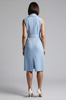 Sky Blue Satin Notched Lapel Bodycon Midi Work Blazer Dress