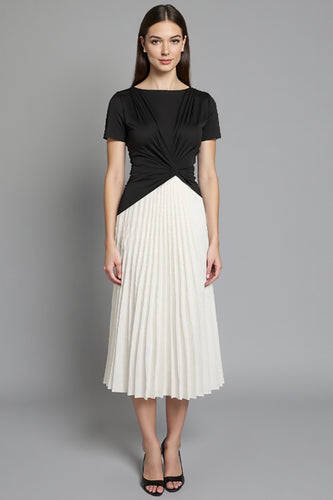 Black and White A Line Ruched Pleated Midi Satin Work Dress