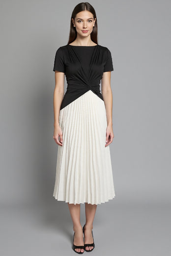Black and White A Line Ruched Pleated Midi Satin Work Dress