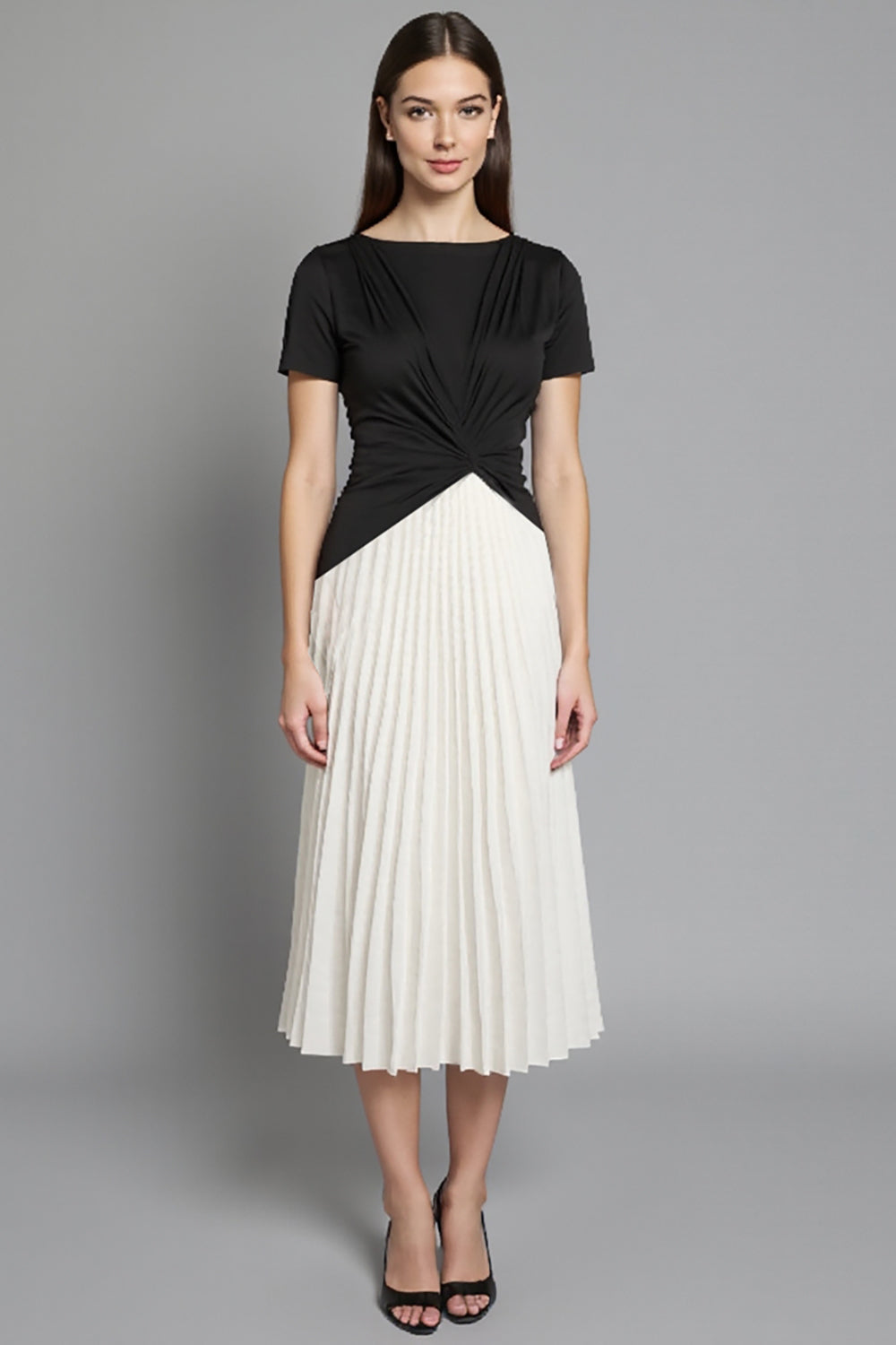 Black and White A Line Ruched Pleated Midi Satin Work Dress