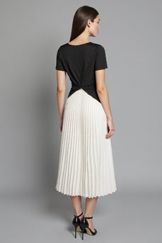 Black and White A Line Ruched Pleated Midi Satin Work Dress