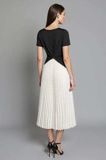Black and White A Line Ruched Pleated Midi Satin Work Dress