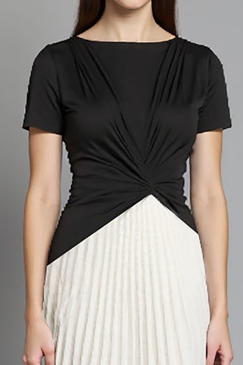 Black and White A Line Ruched Pleated Midi Satin Work Dress