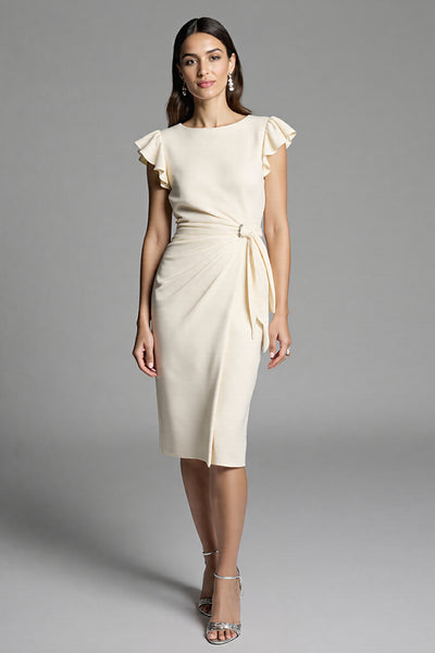 Ivory Bodycon Satin Midi Work Dress with Ruffles