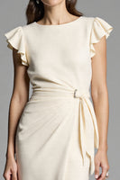 Load image into Gallery viewer, Ivory Bodycon Satin Midi Work Dress with Ruffles