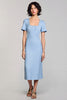Load image into Gallery viewer, Sky Blue Satin Bodycon Square Neck Midi Work Dress with Sleeves