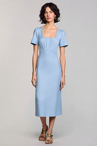 Sky Blue Satin Bodycon Square Neck Midi Work Dress with Sleeves