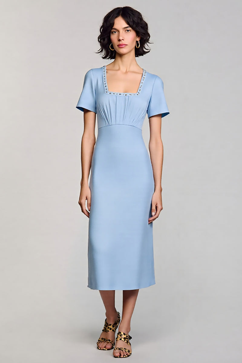 Load image into Gallery viewer, Sky Blue Satin Bodycon Square Neck Midi Work Dress with Sleeves