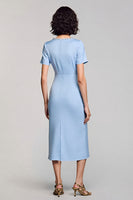 Load image into Gallery viewer, Sky Blue Satin Bodycon Square Neck Midi Work Dress with Sleeves