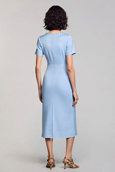 Sky Blue Satin Bodycon Square Neck Midi Work Dress with Sleeves