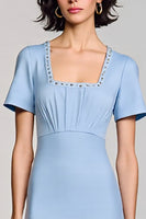 Load image into Gallery viewer, Sky Blue Satin Bodycon Square Neck Midi Work Dress with Sleeves