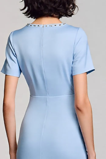 Sky Blue Satin Bodycon Square Neck Midi Work Dress with Sleeves