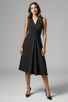 Load image into Gallery viewer, Black Satin A Line Ruched V-Neck Midi Work Dress