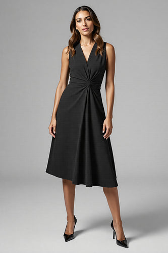 Black Satin A Line Ruched V-Neck Midi Work Dress