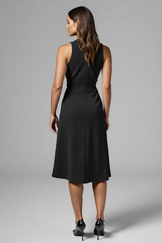 Black Satin A Line Ruched V-Neck Midi Work Dress