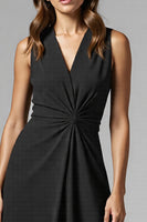 Load image into Gallery viewer, Black Satin A Line Ruched V-Neck Midi Work Dress