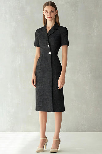 Black Notched Lapel Bodycon Single Breasted Midi Work Blazer Dress