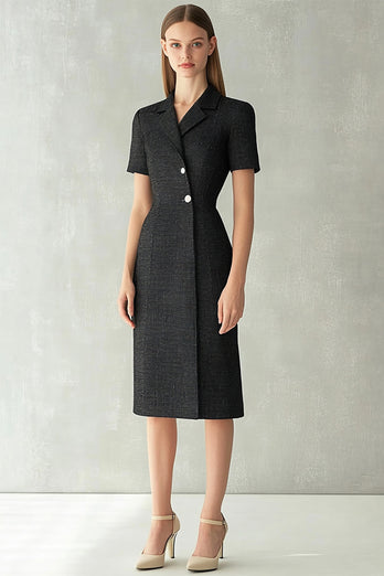 Black Notched Lapel Bodycon Single Breasted Midi Work Blazer Dress