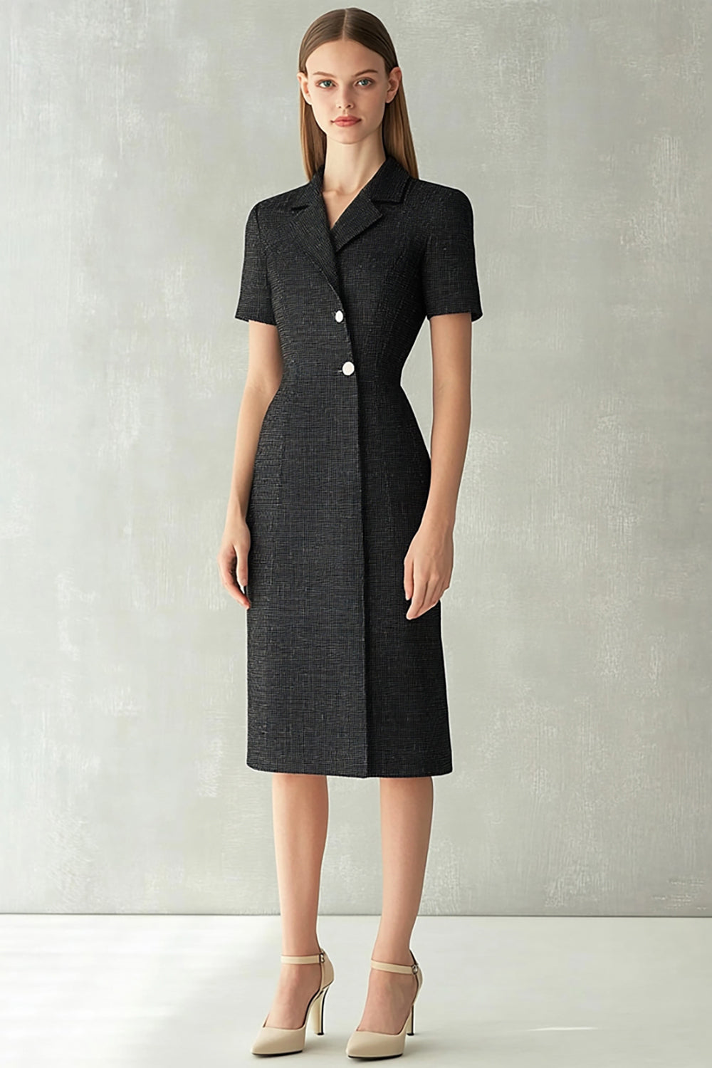 Black Notched Lapel Bodycon Single Breasted Midi Work Blazer Dress