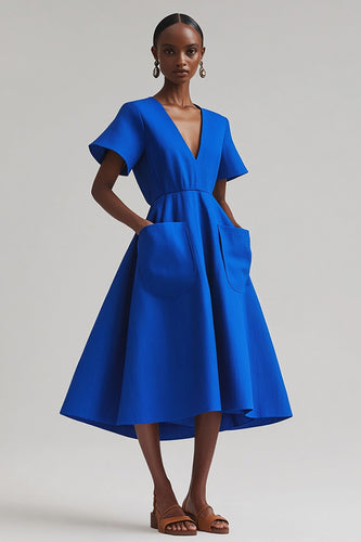 Royal Blue Satin A Line V-Neck Midi Work Dress with Pockets