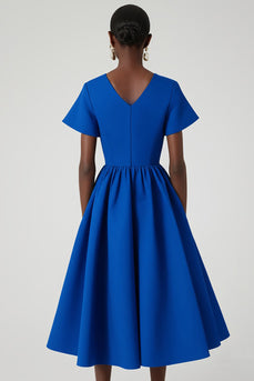 Royal Blue Satin A Line V-Neck Midi Work Dress with Pockets