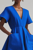 Load image into Gallery viewer, Royal Blue Satin A Line V-Neck Midi Work Dress with Pockets