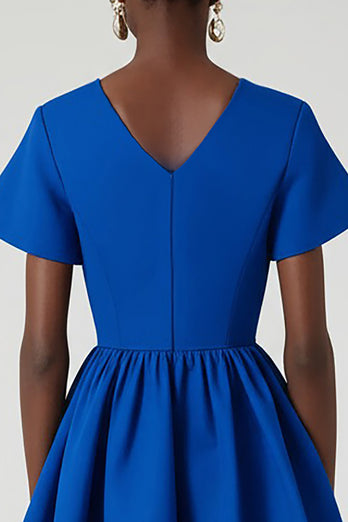 Royal Blue Satin A Line V-Neck Midi Work Dress with Pockets