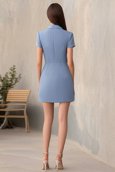 Dusty Blue Satin Bodycon Notched Lapel Short Work Blazer Dress