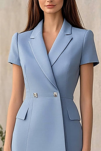 Dusty Blue Satin Bodycon Notched Lapel Short Work Blazer Dress
