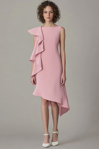Pink Satin Asymmetrical Midi Work Dress with Ruffles