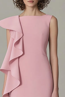 Pink Satin Asymmetrical Midi Work Dress with Ruffles
