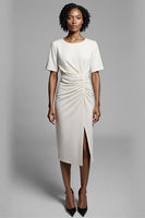 Load image into Gallery viewer, Ivory Bodycon Satin Ruched Midi Work Dress with Slit