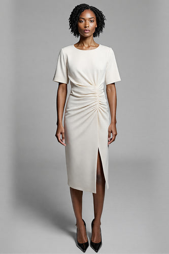Ivory Bodycon Satin Ruched Midi Work Dress with Slit