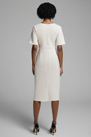 Load image into Gallery viewer, Ivory Bodycon Satin Ruched Midi Work Dress with Slit