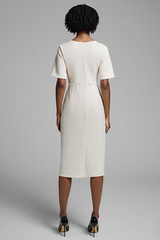 Ivory Bodycon Satin Ruched Midi Work Dress with Slit