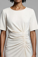 Load image into Gallery viewer, Ivory Bodycon Satin Ruched Midi Work Dress with Slit