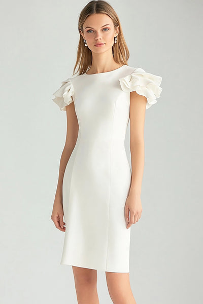 Ivory Bodycon Satin Ruffled Short Work Dress with Sleeves