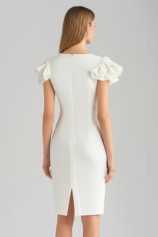 Ivory Bodycon Satin Ruffled Short Work Dress with Sleeves