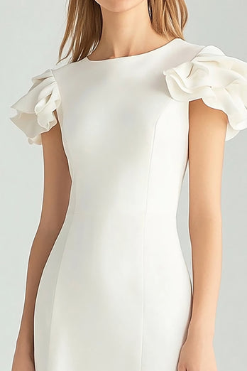 Ivory Bodycon Satin Ruffled Short Work Dress with Sleeves