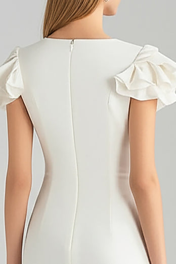 Ivory Bodycon Satin Ruffled Short Work Dress with Sleeves