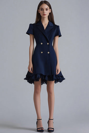 Navy Satin Ruffled A Line Short Work Blazer Dress with Sleeves