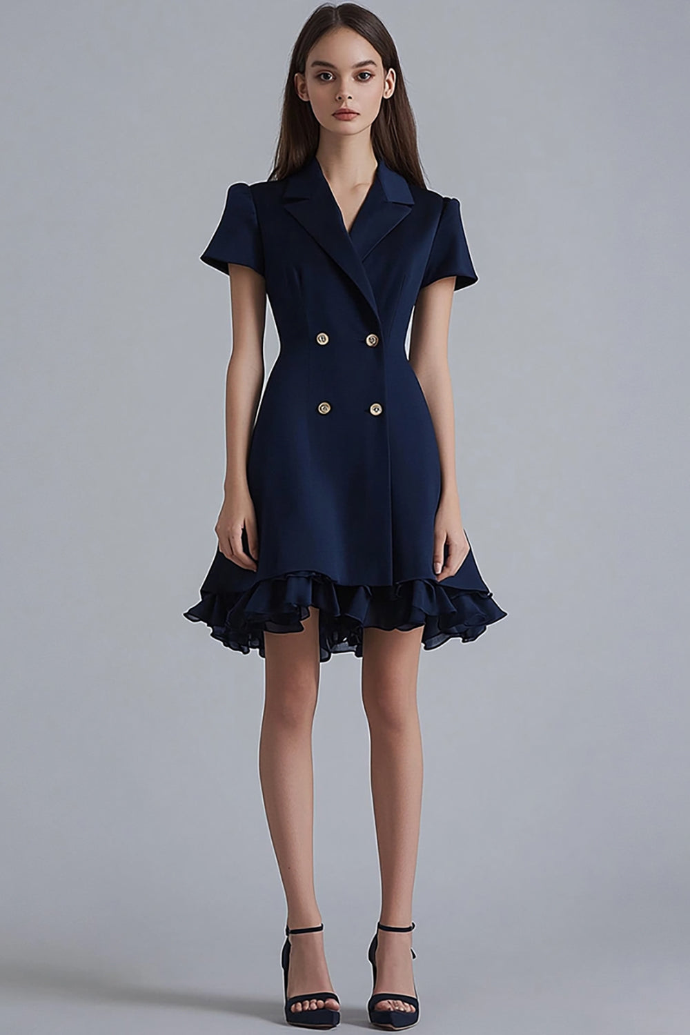 Navy Satin Ruffled A Line Short Work Blazer Dress with Sleeves