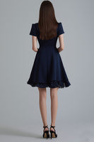 Load image into Gallery viewer, Navy Satin Ruffled A Line Short Work Blazer Dress with Sleeves