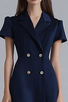 Load image into Gallery viewer, Navy Satin Ruffled A Line Short Work Blazer Dress with Sleeves