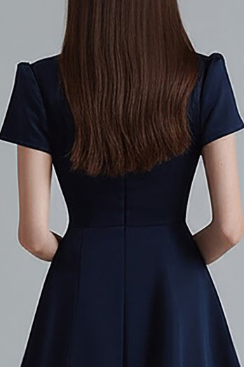 Navy Satin Ruffled A Line Short Work Blazer Dress with Sleeves